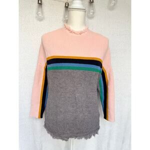 THML Pink Gray Striped Fringe Long Sleeve Crew Neck Ribbed Baggy Sweater XS
